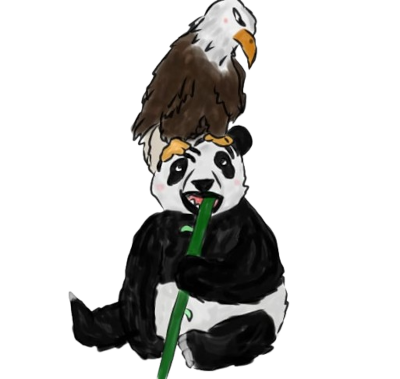 Desenho de panda comendo bambu com águia em cima dele